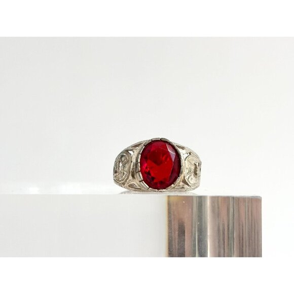 Natural Garnet Oval Cut Gemstone Carved Sterling Silver Vintage Ring - sz 10 - Picture 2 of 10